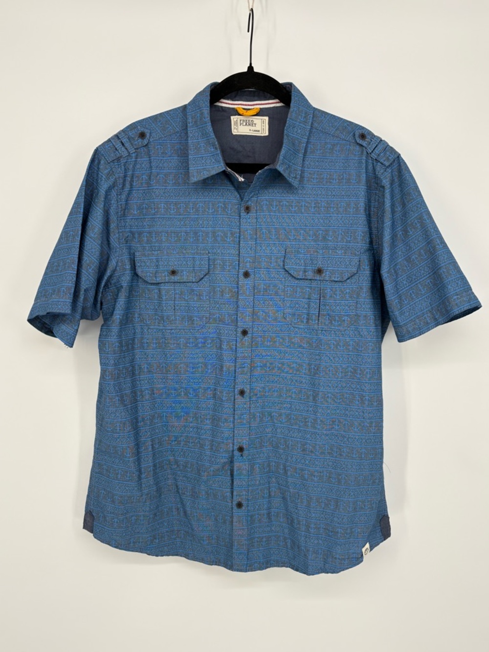 FREE PLANET Shirt Gray Blue Anchor Print Short Sleeve Mens XL